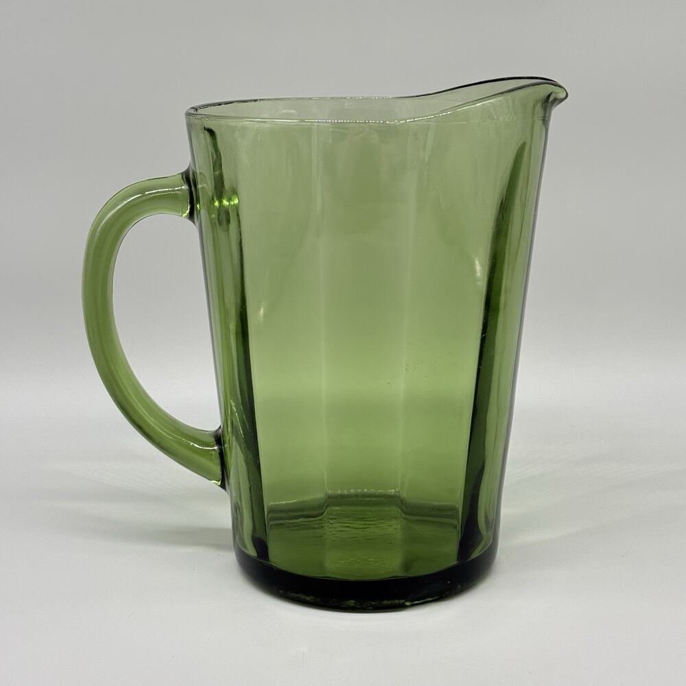 Vintage Hazel Atlas Avocado Green Heavy Glass Water Pitcher Paneled 8"